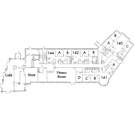 Village House 3A Floor 1 plan with rooms 140 A,B and C, 141 A,B,C and D, 142 A and B, and 144 A and B, with Cafe, Store, Fitness Room and five stariwell.