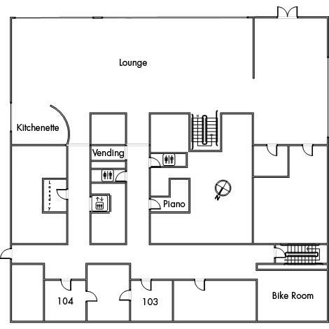Norton House Floor 1 plan, with room 103, 104, two restrooms, elevator, kitchenette, lounge, vending machine, piano, bike room, two stairwells and a southeast orientation.