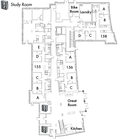 Village House 4 Floor 1 plan, rooms 155 A,B,C,D and E, 156 A,B and C, 158 A,B,C and D, with kitchen, great room, laundry, bike room, two AZ study rooms and two stairwell.