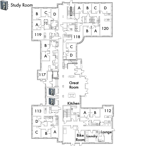 Village House 5 Floor 1 plan, with rooms 112 A and B, 113 A,B,C and D, 117 A and B, 118 A,B,C and D, 119 A,B,C and D, and 120 A,B,C and D, with great room, kitchen, two AZ study rooms, bike room, laundry, lounge and five stairwell.