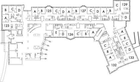 Village House 7 Floor 1 plans with rooms 123 A,B,C and D, 125 A,B,C and D, 126 A,B,C,D and E, 127 A,B,C and D, 129 A,B,C and D, 132 A,B and C, 133 A,B,C and D, with two stairwell.