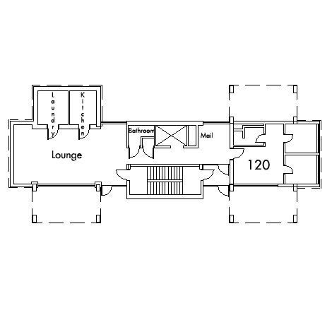 Howe House Floor 1 plan, with room 120, mail room, bathroom, lounge, kitchen, laundry and stairwell.