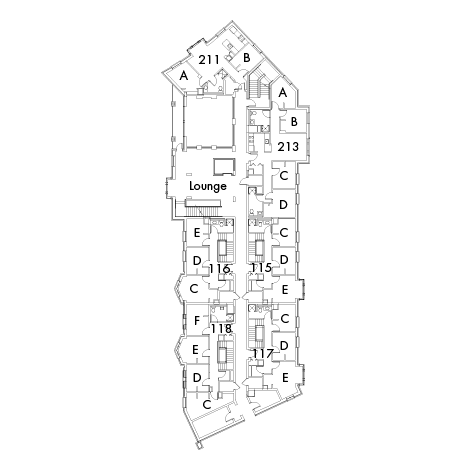Village House 1 Floor 2, rooms 115 C,D and E, 116 C,D and E, 117 C,D and E, 118 C,D,E and F, 211 A and B, and 213 A,B,C and D, with lounge and 6 stairwell.