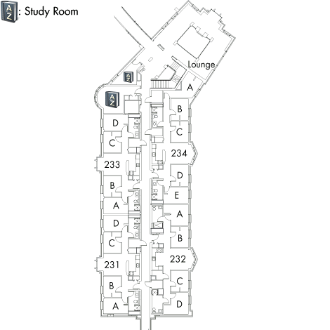 Village House 3 Floor 2, rooms 231 A,B,C and D, 232 A,B,C and D, 233 A,B,C and D, 234 A,B,C,D and E, with lounge, two AZ study rooms and one stairwell.