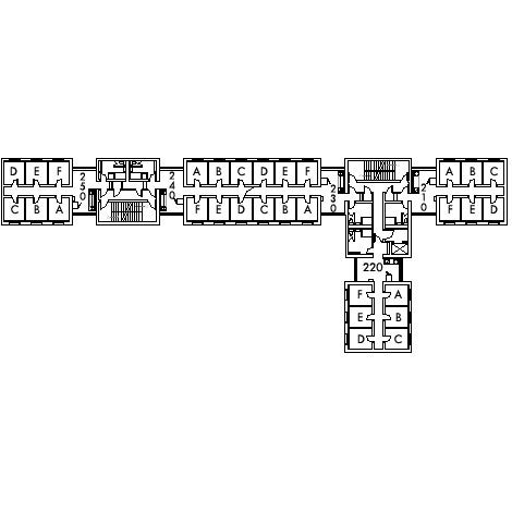 Tippit House Floor 2 plan, rooms 210 A,B,C,D,E and F, and 220 A,B,C,D E and F, 230 A,B,C,D,E and F, and 240 A,B,C,D,E and F, and 250 A,B,C,D,E and F, with six bathroom and two stairwell.
