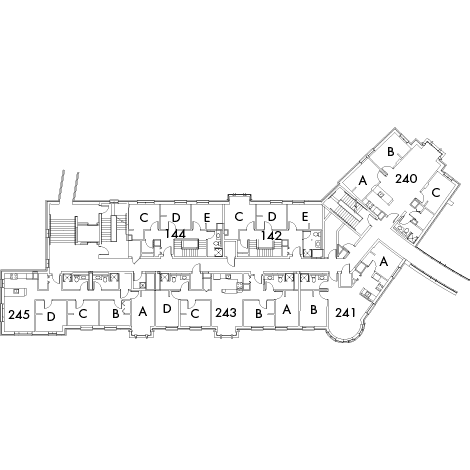 Village House 3A Floor 2, rooms 240, A,B and C, 241 A and B, 142 C,D and E, 14 4 C,D and E, 243 A,B,C and D, and 245 A,B,C and D, with five stairwell.