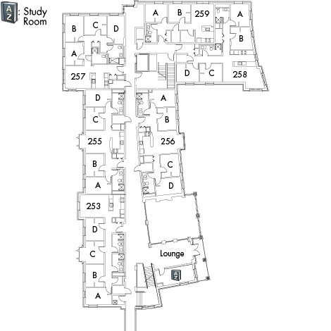 Village House 4 Floor 2 plan, rooms 253 A,B,C and D, 255 A,B,C and D, 256 A,B,C and D, 257 A,B,C and D, 258 A,B,C and D, and 259 A and B, with lounge, AZ study room and two stairwell.