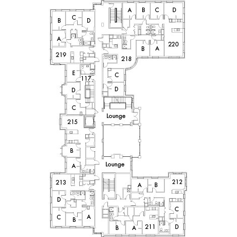 Village House 5 Floor 2, rooms 117 C,D and E, 211 A and B, 212 A,B,C and D, 213 A,B,C and D, 215 A and B, 215 A and B, 218 A,B,C and D, 219 A,B,C and D, and 220 A,B,C and D, with two lounges and four stairwell.