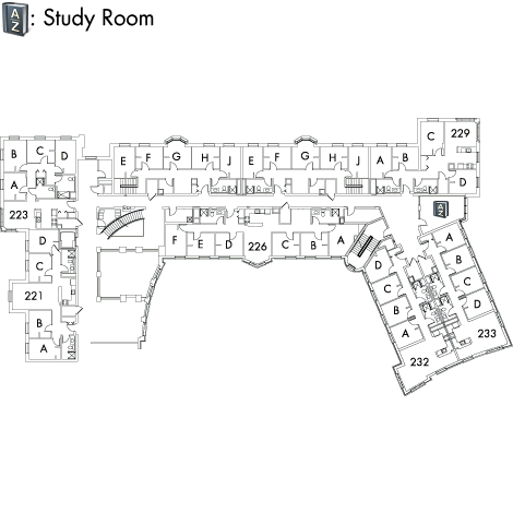 Village House 7 Floor 2 plan, rooms 221 A,B,C and D, 223 A,B,C,D,E,F,G,H and J, 226 A,B,C,D,E and F, 229 A,B,C,D,E,F,G,H and J, 232 A,B,C and D, and 233 A,B,C and D, with AZ study room and four stairwell.