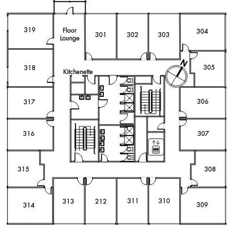 Taft House Floor 3 plan, room 301, 302, 303, 304, 305, 306, 307, 308, 309, 310, 311, 312, 313, 314, 315, 316, 317, 318, 319, with floor lounge, two bathrooms, elevator, kitchenette, two stairwell and a northwest orientation.