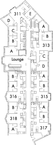 Village House 1 Floor 3, rooms 311 A,B,C,D and E, 313 A,B,C and D, 315 A and B, 316 A and B, 317 A and B, 318 A and B, with lounge and six stairwell.