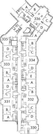 Village House 3 Floor 3, rooms 330, 331 A,B,C and D, 332 A,B,C and D, 333 A,B,C and D, 334 A,B,C,D and E, 335, and 336 A,B,C and D, with one stairwell.