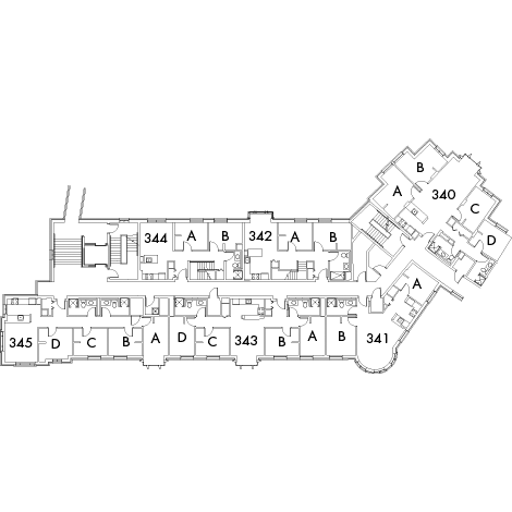 Village House 3A Floor 3, rooms 340, A,B,C and D, 341 A and B, 342 A and B, 343 A,B, C and D, 344 A and B, and 345 A,B,C and D, with five stairwell.