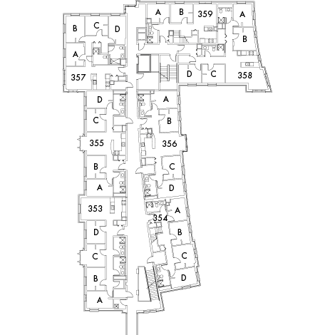 Village House 4 Floor 3 plan, rooms 353 A,B,C and D, 355 A,B,C and D, 355 A,B,C and D, 356 A,B,C and D, 357 A,B,C and D, 358 A,B,C and D, 359 A and B, with three stairwell.