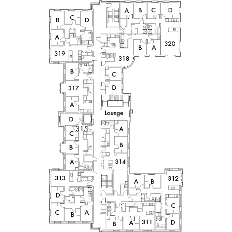 Village House 5 Floor 3 plan, rooms 311 A and B, 312 A,B,C and D, 313 A,B,C and D, 314 A and B, 315 A,B,C and D, 317 A and B,  318 A,B,C and D, 319 A,B,C and D, and 320 A,B,C and D, with lounge and seven stairwell.