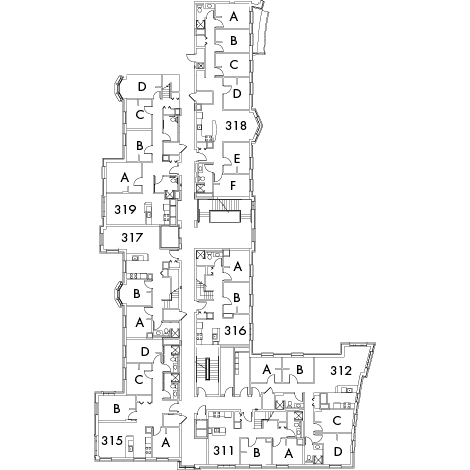 Village House 6 Floor 3 plan, rooms 311 A and B, 312 A,BC and,D, 315 A,B,C and D, 316 A and B, 317 A and B, 318 A,B,C,D,E and F, and 319 A,B,C and D, with four stairwell.
