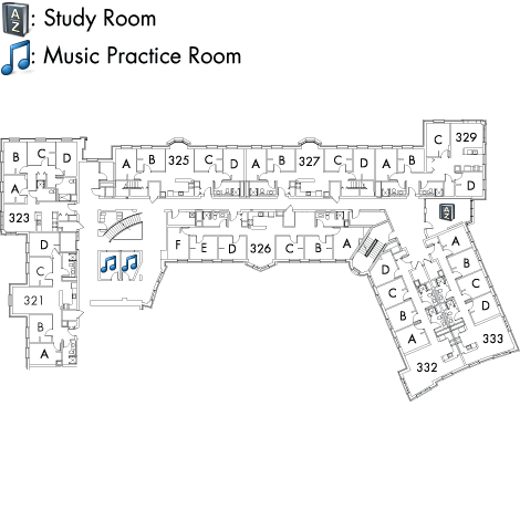 Village House 7 Floor 3 plan, rooms 321 A,B,C and D, 323 A,B,C and D, 325 A,B,C and D, 326 A,B,C,D,E and F, 327 A,B,C and D, 329 A,B,C and D, 332 A,B,C and D, and 333 A,B,C and D, with two music practice rooms, AZ study room and four stairwell.