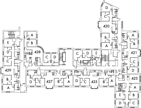Village House 2 Floor 4 plan, rooms 324 C,D and E, 420 A,B,C and D, 421 A,B,C and D, 423 A,B,C,D and E, 425 A,B,C and D, 427 A,B,C and D, 428 A,B,C and D, 429 A,B,C,D and E with four stairwell.