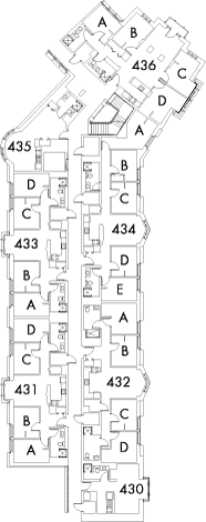 Village House 3 Floor 4, rooms 430, 431 A,B,C and D, 432 A,B,C and D, 433 A,B,C and D, 434 A,B,C,D and E, 435, and 436 A,B,C and D, with one stairwell.