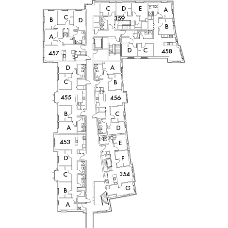 Village House 4 Floor 4 plan, rooms 354 E,F and G, 359 C,D and E, 453 A,B,C and D, 455 A,B,C and D, 456 A,B,C and D, 457 A,B,C and D, 458 A,B,C and D, with four stairwell.