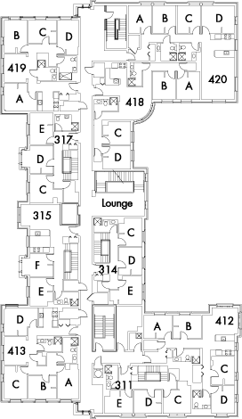 Village House 5 Floor 4 plan, rooms 311 C,D and E, 314 C,D and E, 315 E and F, 317 C,D and E, 412 A,B,C and D, 413 A,B,C and D,  418 A,B,C and D, 419 A,B,C and D, and 420 A,B,C and D, with lounge and seven stairwell.