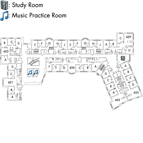 Village House 7 Floor 4 plan, rooms 325 E,F,G,H and J, 327 E,F,G,H and J, 421 A,B,C and D, 423 A,B,C and D, 429, A,B,C and D, 432 A,B,C and D, 433 A,B,C and D, with two music practice rooms, AZ study room and four stairwell.