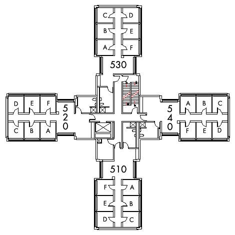 Michelson House Floor 5 plan, rooms 510 A,B,C,D,E and F, 520 A,B,C,D E and F, 530 A,B,C,D,E and F, and 540 A,B,C,D,E and F, with four bathroom and one stairwell.