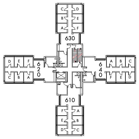 Michelson House Floor 6 plan, rooms 610 A,B,C,D,E and F, 620 A,B,C,D E and F, 630 A,B,C,D,E and F, and 640 A,B,C,D,E and F, with four bathroom and one stairwell.