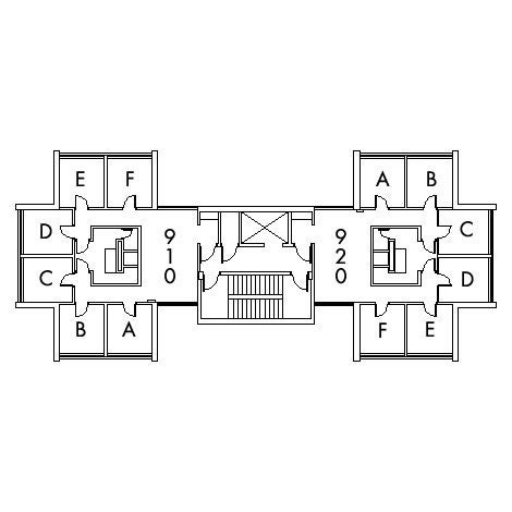 Howe House Floor 9 plan, rooms 910 A,B,C,D,E and F, and 920 A,B,C,D,E and F, with stairwell.