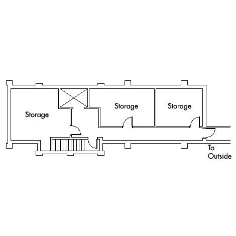 Howe House Basement with three storage rooms, stairwell and exit to outside.