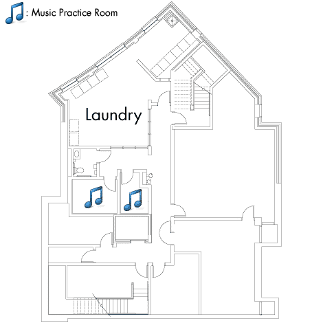 Village House 1 Basement with laundry room, music practice room and two stairwell.