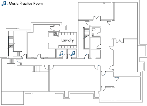 Village House 2 Basement with laundry, music practice room and four stairwell.