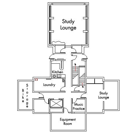 Michelson House Basement with two study lounges, kitchen, storage bike room, laundry, equipment room, music practice room and stariwell.
