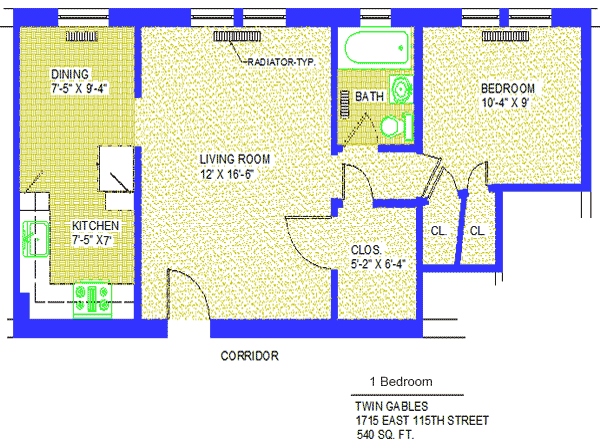Unit 8, 16, 20 Floor Plan one bedroom at 1715 East 115th street, 540 sq. ft., bedroom 10'-4" X 9', living room, 12' X 16'-6", kitchen 7'-5" X 7', dining 7'-5" X 9'-4", closet 5'-2" X 6'-4",with two more closets, radiator-typ, corridor and bath