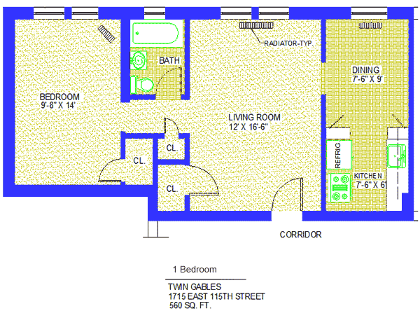 Unit 3, 6, 14, 22 Floor Plan one bedroom at 1715 East 115th street, 560 sq. ft., bedroom 9'-8" X 14', living room, 12' X 16'-6", kitchen 7'-6" X 6', dining 7'-6" X 9', with refrigerator, corridor, three closets, radiator-typ and bath
