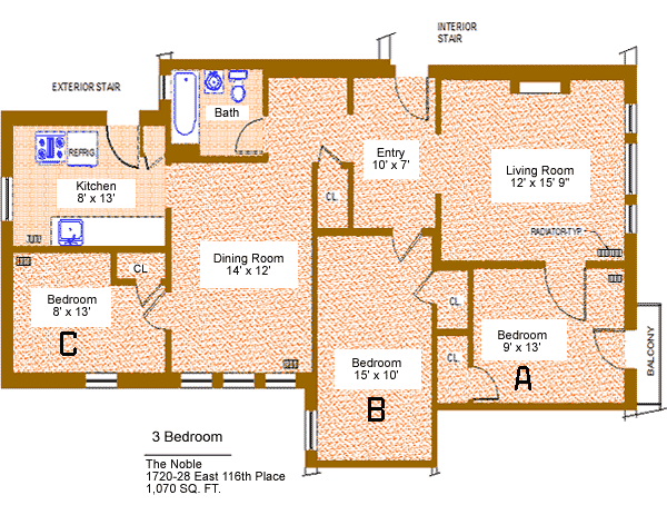 Unit 1, 3, 5, 7, 9, 11 Floor Plan, three bedroom at the noble, 1720-28 east 116th place, 1070 sq. ft., three bedrooms (C,B and A), 8' X 13', 15' X 10' and 9' X 13", living room 12' X 15'-9", kitchen 8' X 13', dining room 14' X 12', entry 10' X 7', with bath, interior stair, exterior stair, balcony, radiator-typ and refrigerator 