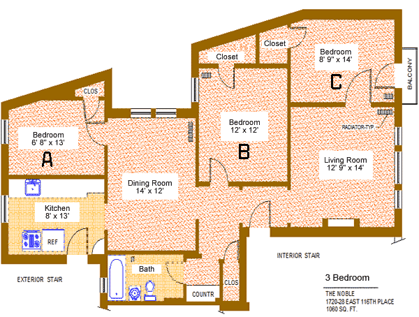 Unit 2, 4, 6, 8, 10, 12 Floor Plan, three bedroom at the noble, 1720-28 east 116th place, 1060 sq. ft., three bedrooms (A, B and C), 6'-8" X 13', 12' X 12' and 8'-9" X 14', living room 12'-9" X 14', kitchen 8' X 13', dining room 14' X 12', with bath, counter, interior stair, exterior stair, balcony, four closets, radiator-typ and refrigerator 