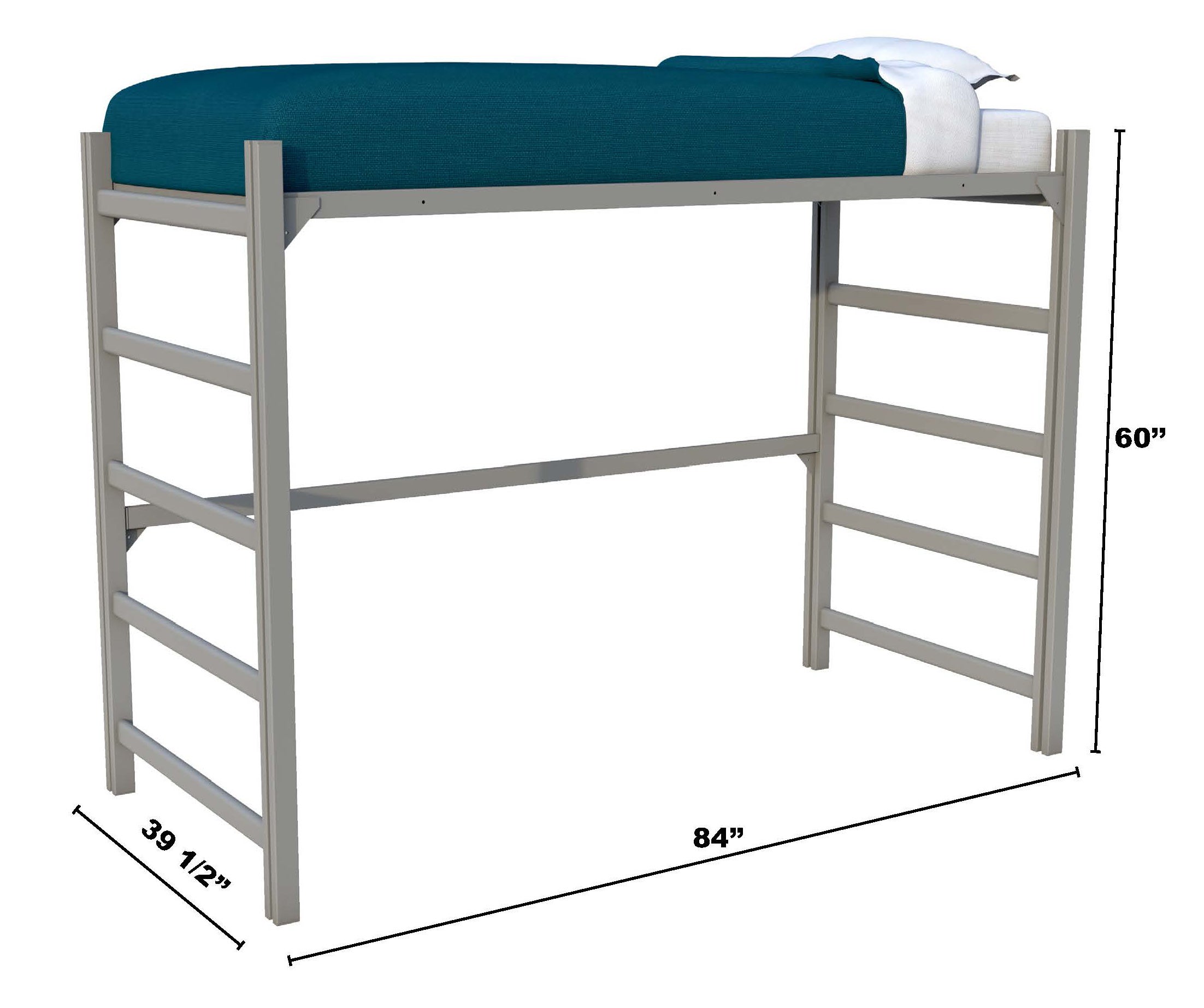 Metal bed lofted with dimensions 60" tall, 84" long and 39.5" wide