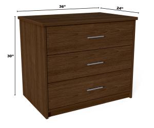 Dark wood dresser with dimensions 30" tall, 36" long and 24" wide