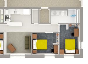 Village layout detailing half of an apartment with bedrooms, furniture, kitchen, and bathroom detail
