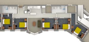 Village House 3 5-Person Apartment Layout detailing bedrooms, bathroom, kitchen, and furniture