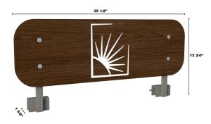 Dark wood bed safety rail with Case logo with dimensions 34.5" X 13.75", with 1.625" hinge