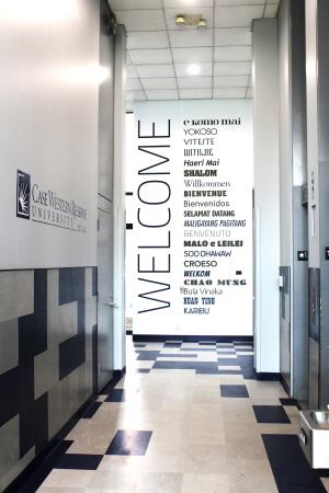 Clarke Tower Entrance Hall showing case western reserve university "Welcome" mural