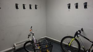 Glaser House Basement Bike Storage with wall-mounted hooks and two bikes