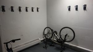 Michelson House Basement Bike Storage showing wall-mounted hooks and 2 bikes