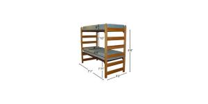 Twin XL bunked beds with dimensions 5'-6" tall, 7'-1" long, 3'-2" wide, with mattress 6'-8" X 3' X 8", with 1'-11" floor to 1st bed, and 2'-10" 1st to 2nd bed.