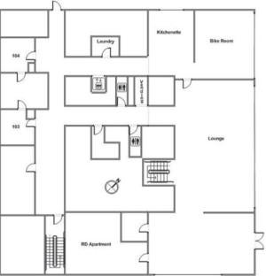 Tyler House Floor 1 plan, with room 103 and 104, laundry, kitchenette, bike room, lounge, RD apartment and vending machine, with two restrooms, elevator, two stairwell and a northwest orientation.
