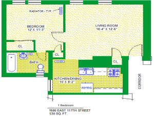 Unit 101, 201, 301, 401 Floor Plan, 1 bedroom at 1680 east 117th street, 530 sq. ft., bedroom 12'X11'-3", living room 16'-4", kitchen/dining 15"X8'-2", with bath, corridor, and radiator-typ, three closets, and refrigrerator