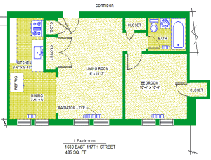 Unit 103, 203, 303, 403 Floor Plan, 1 bedroom at 1680 east 117th street, 485 sq. ft., bedroom 10'-4" X 10'-9", living room 16' X 11'-3", kitchen, 8'-6" X 5'-10", dining 7'-5" X 8', with bath, corridor, radiator-typ, four closets, and refrigerator