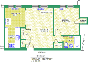 Unit 204, 304, 404 Floor Plan, 1 bedroom at 1680 east 117th street, 515 sq. ft., bedroom 10'-3" X 11'-4", living room 11'-4" X 16'-10", kitchen 6' X 8'-7", dining room 8' X 8', with bath, corridor and radiator-typ, four closets, and refrigerator